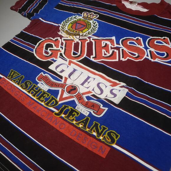 Vintage 80s Guess by George Marciano Striped Boot Logo Spellout Rare Mens USA XL - Picture 2 of 11